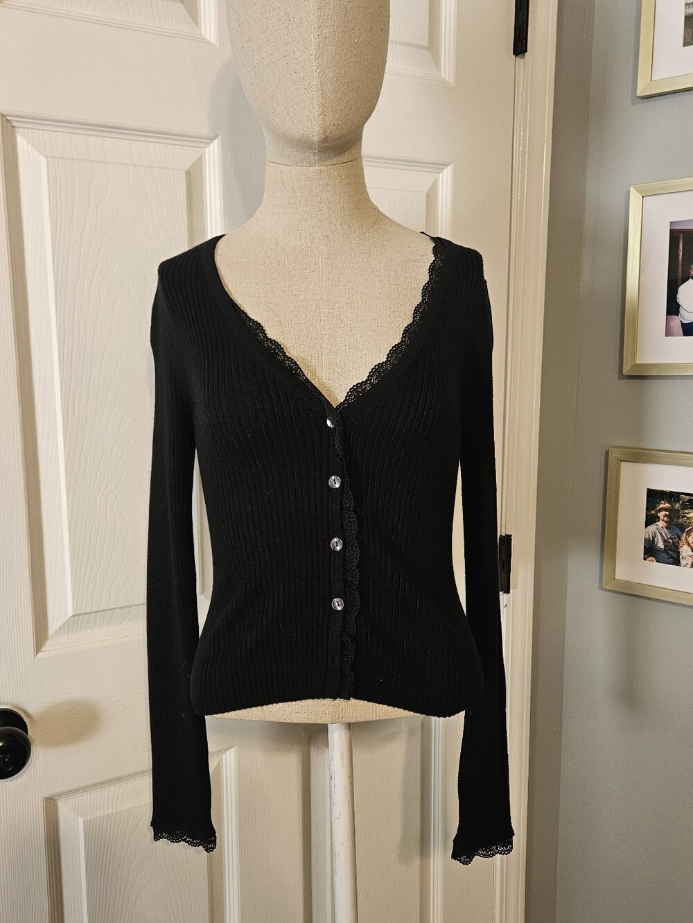 Abercrombie & Fitch Black Ribbed Lace-Trim Button Cardigan